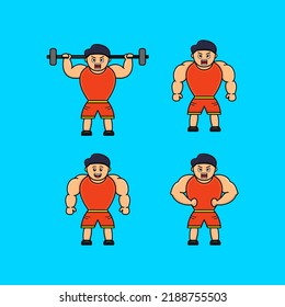 Gym mascot template with people and exercise equipment. blue background vector illustration