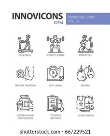 Gym - modern color vector single line icons set. Treadmill, man, woman, weight, lift, exercycle, kettlebell, boxing gloves bodybuilding equipment records log sportswear