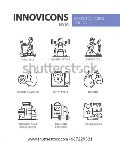 Gym - modern color vector single line icons set. Treadmill, man, woman, weight, lift, exercycle, kettlebell, boxing gloves bodybuilding equipment records log sportswear
