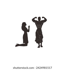 Gym motivation Woman kneel ask forgiveness from man. Female stand on knees beg stubborn offended male to forgive. Relationship problems. Vector illustration.