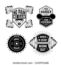 
Gym motivational prints set  with grunge effect, barbell and black background. Vector illustration.