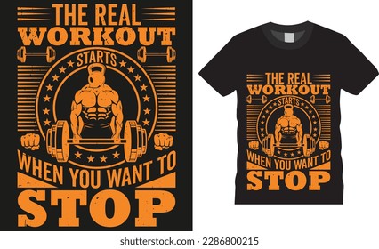 
Gym motivational quote workour fitness t shirt design vector. cover banner cards. Vector design for gym. Barbell with bodybuilder logo and grunge background illustration. fitness bodybuilding hipster