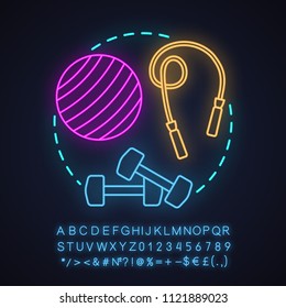 Gym neon light concept icon. Fitness idea. Sports equipment. Fitball, jumping rope, dumbbells. Glowing sign with alphabet, numbers and symbols. Vector isolated illustration