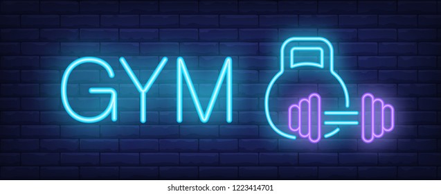 Gym neon sign. Glowing inscription with kettle bell and barbell on dark blue brick background. Vector illustration can be used for fitness clubs, sports, trainings
