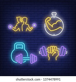 Gym neon sign set. Athletes with dumbbells, stopwatch, kettlebell. Flyer, invitation, bright banner. Vector illustration in neon style for healthy lifestyle and weight training