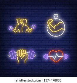 Gym neon sign set. Weight training, athletes with dumbbells, stopwatch. Flyer, invitation, bright banner. Vector illustration in neon style for healthy lifestyle and fitness