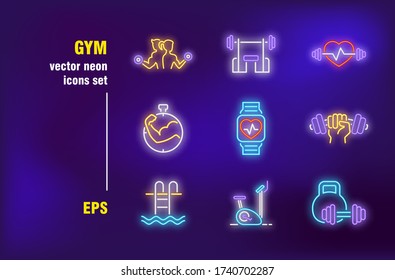 Gym neon signs set. Weight lifting, exercising, barbells, dumbbells, cardio monitor, fitness club. Night bright advertising. Vector illustration in neon style for banners, posters, flyers design