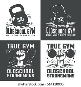 Gym old-school logos on white and black background. The fallen weight. Hand with retro dumbbell punching the floor from the bottom.