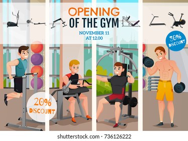 Gym opening advertising poster with men on exercise equipment and information about discounts vector illustration