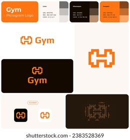 Gym orange line business logo. Dumbbell simple icon. Brand name. Fitness business value. Design element. Visual identity. Play font used. Suitable for gym marketing, advertising campaign