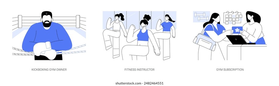 Propietario del gimnasio aislado conjunto de Ilustraciones vectoriales de dibujos animados. Entrenamiento de kickboxing en el ring, instructor personal, comprar Suscripción de gimnasio, tarjeta de fidelidad, Vector de estilo de vida saludable y activo.