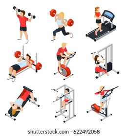 Gym and people isometric set with fitness symbols isolated vector illustration