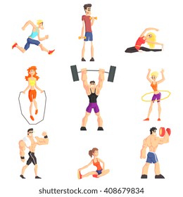 Gym People Set Of  Cool Cartoon Style Geometrical Flat Vector Illustrations Isolated On White Background