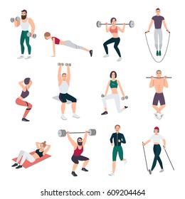 Gym people set. Young man and women engaged in sport. Different exercises collection in flat style. Vector illustration.
