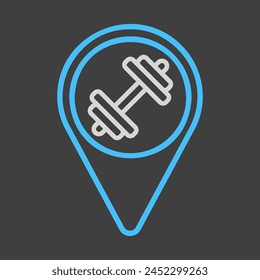 Gym pin map vector on dark background icon. Map pointer. Map markers. GPS location. Navigation sign. Graph symbol for fitness and weight loss web site and apps design, logo, app, UI