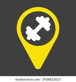 Gym pin map vector solid icon on dark background. Map pointer. Map markers. GPS location. Navigation sign. Graph symbol for fitness and weight loss web site and apps design, logo, app, UI
