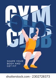 Gym poster design with athletic man with barbell on large text background. Advertising flyer, postcard. Vector flat illustration