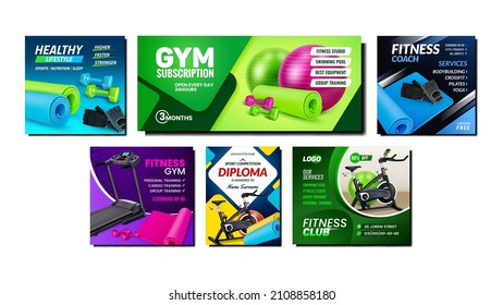 Gym Poster Sport Workout Background Set Design Template. Banner Fit. Gym Poster Training Flyer. Layout Concept. Exercise Brochure. Sport Fitness Health. Marathon Motivation. Strong Vector Illustration