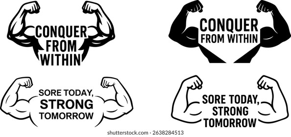 Gym posters. Muscular arms and strong biceps with inspirational fitness motivation and encouraging slogans vector