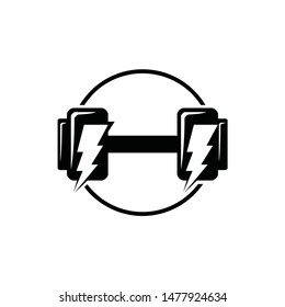 Gym power logo design idea with barbell kettle bell and thunder bolt energy symbol in negative space vintage look. Fitness and bodybuilding club logo template. Sport icon smart phone