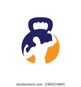 Gym power logo design idea with kettle bell and thunder symbol in negative space. Fitness and bodybuilding club logo template. Sport and recreation theme.