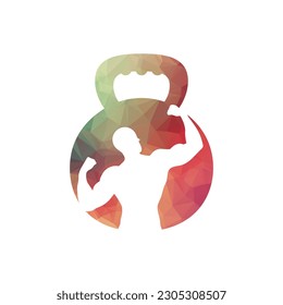 Gym power logo design idea with kettle bell and thunder symbol in negative space. Fitness and bodybuilding club logo template. Sport and recreation theme.