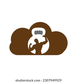 Gym power logo design idea with kettle bell and thunder symbol in negative space. Fitness and bodybuilding club logo template. Sport and recreation theme.