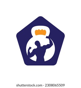 Gym power logo design idea with kettle bell and thunder symbol in negative space. Fitness and bodybuilding club logo template. Sport and recreation theme.