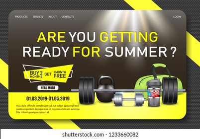 Gym Promo Landing Page Website Template. Vector Realistic Illustration Of Dumbbell, Barbell, Kettlebell, Shaker. Bodybuilding And Fitness Sport Club Offers, Discounts Concepts.