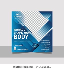 Gimnasio promocional de medios sociales, Pabellón web de volante cuadrado Fitness club anuncios conjunto de plantillas de color azul, Forma tu diseño de motivación corporal, Afiche publicitario del centro de entrenamiento de yoga.