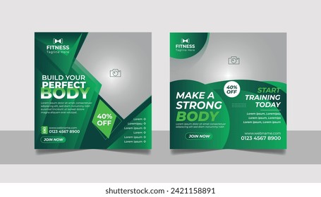 Gym promotional social media post, Fitness club square flyer web banner ads template set, Shape your body motivation design, Yoga training center advertising poster bundle.