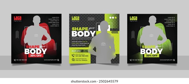 Gym promotional social media post, Fitness club square flyer web banner ads template set, Shape your body motivation design, Yoga training center advertising poster bundle.