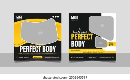 Gym promotional social media post, Fitness club square flyer web banner ads template set, Shape your body motivation design, Yoga training center advertising poster bundle.