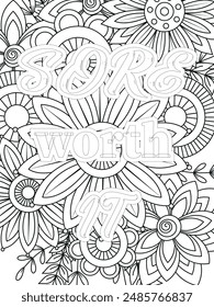 Gym Quotes Flower Coloring Page Beautiful black and white illustration for adult coloring book