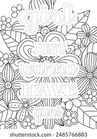 Gym Quotes Flower Coloring Page Beautiful black and white illustration for adult coloring book