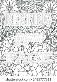 Gym Quotes Flower Coloring Page Beautiful black and white illustration for adult coloring book
