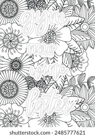 Gym Quotes Flower Coloring Page Beautiful black and white illustration for adult coloring book