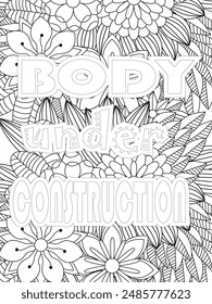 Gym Quotes Flower Coloring Page Beautiful black and white illustration for adult coloring book