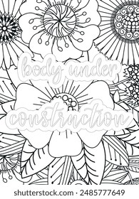 Gym Quotes Flower Coloring Page Beautiful black and white illustration for adult coloring book