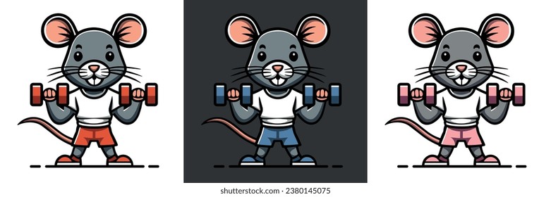 Ilustración de peso levantando rata de gimnasio. El concepto del logo de gimnasio y de gimnasia de Dumbbell. Ajustar el dibujo de la familia. Diseño plano del esquema de entrenamiento de fuerza de mascotas. Vector minimalista para productos digitales e imprimibles.