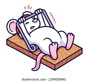 Gym rat workout, cute cartoon mouse bench pressing mousetrap. Funny fitness and exercise drawing, vector clip art illustration.