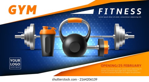 Gym realistic poster. Sport accessories kettlebell and barbell, shaker and dumbbell, bodybuilding devices, advertising fitness advertise banner, pumping muscles objects, vector concept