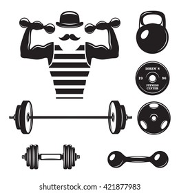 Gym related set of design elements. Objects for emblems, labels, badges. Vector vintage illustration.