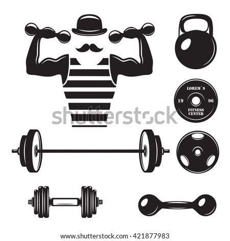 Gym related set of design elements. Objects for emblems, labels, badges. Vector vintage illustration.