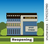 Gym reopening after lockdown to prevent Covid19 coronavirus pandemic. Sports complex building on blue sky and green trees background. Stylish facade building. Nameplate - Reopening. Vector flat style.
