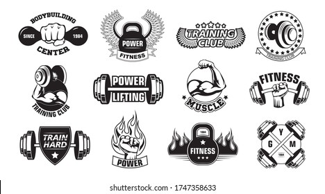 Gym retro logos set. Monochrome bodybuilders club emblems and stamps with barbells, fists and fire. Flat vector illustration for aggressive style for bodybuilding, fitness, body training concepts