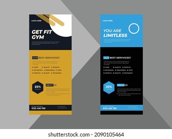 Gym Roll Up Banner design template. Fitness poster Roll Up leaflet design. Gym Roll Up Sport Event Poster, Fitness Studio Promotional DL Flyer

