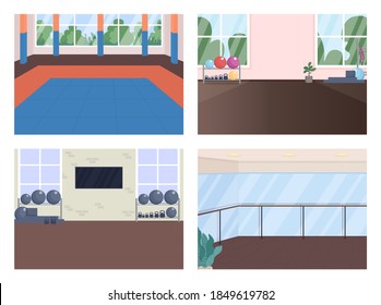 Gym room flat color vector illustration set. Ballet dance hall. Martial arts, powerlifting center. Studio for physical training 2D cartoon interior with sports equipment on background collection