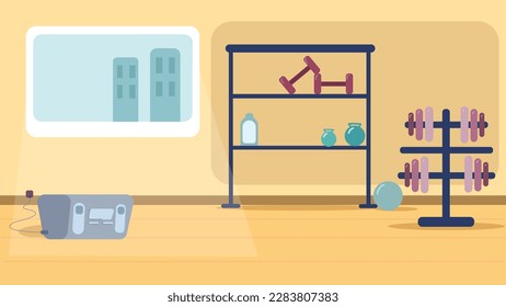 Gym room flat interior vector with city view.