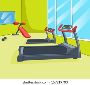 Gym Room With Trainers. Vector Cartoon Background. EPS 10.